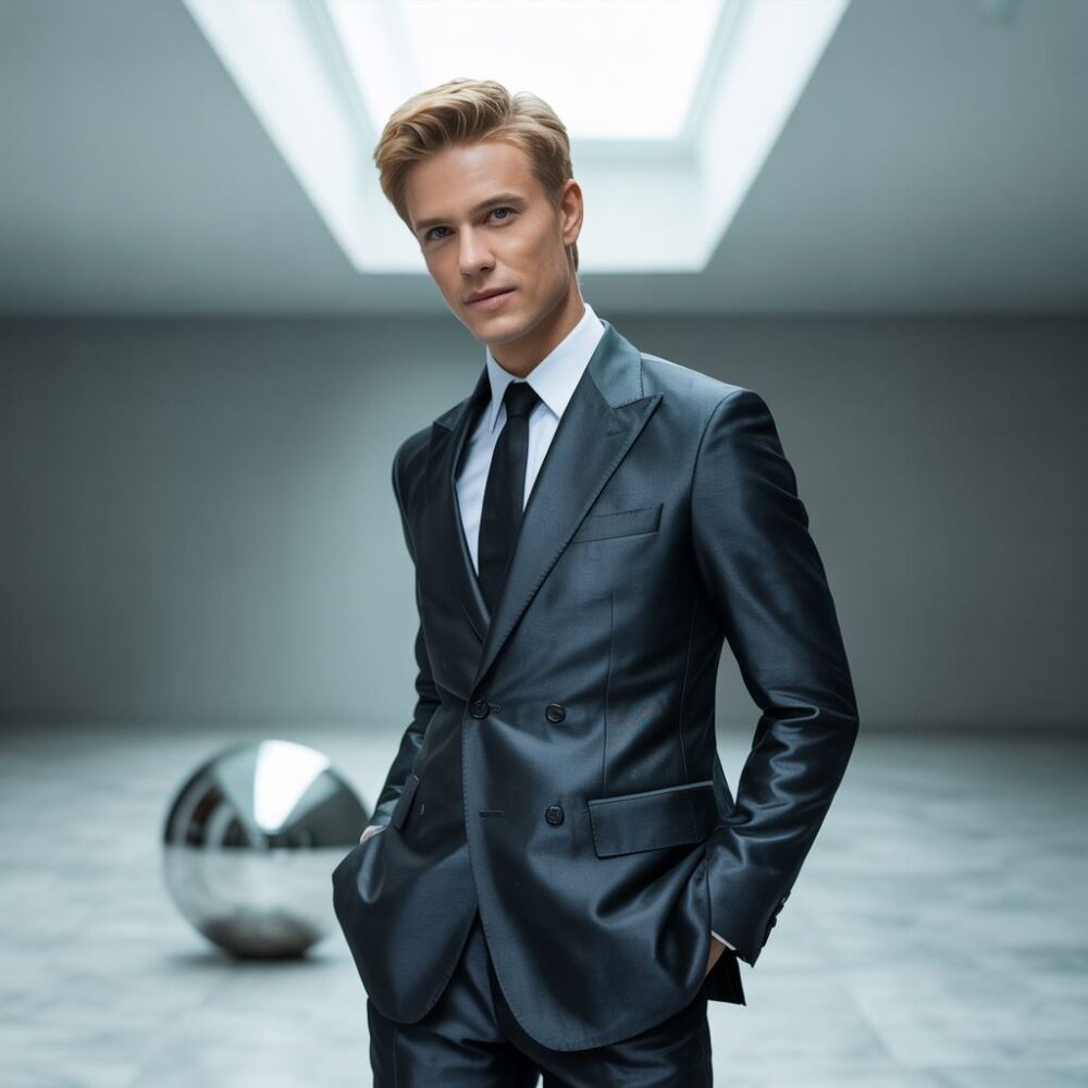 blondyn w granatowym garniturze