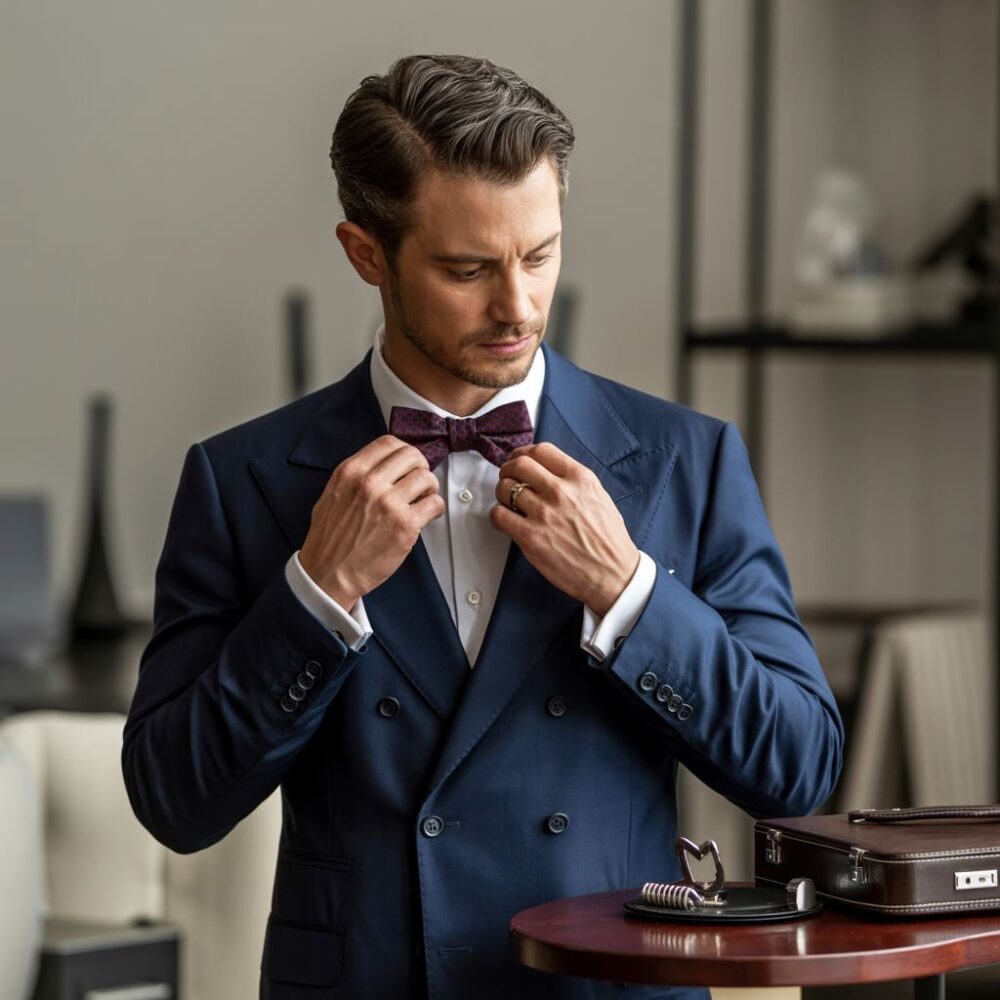 elegancki zestaw garnitur i mucha