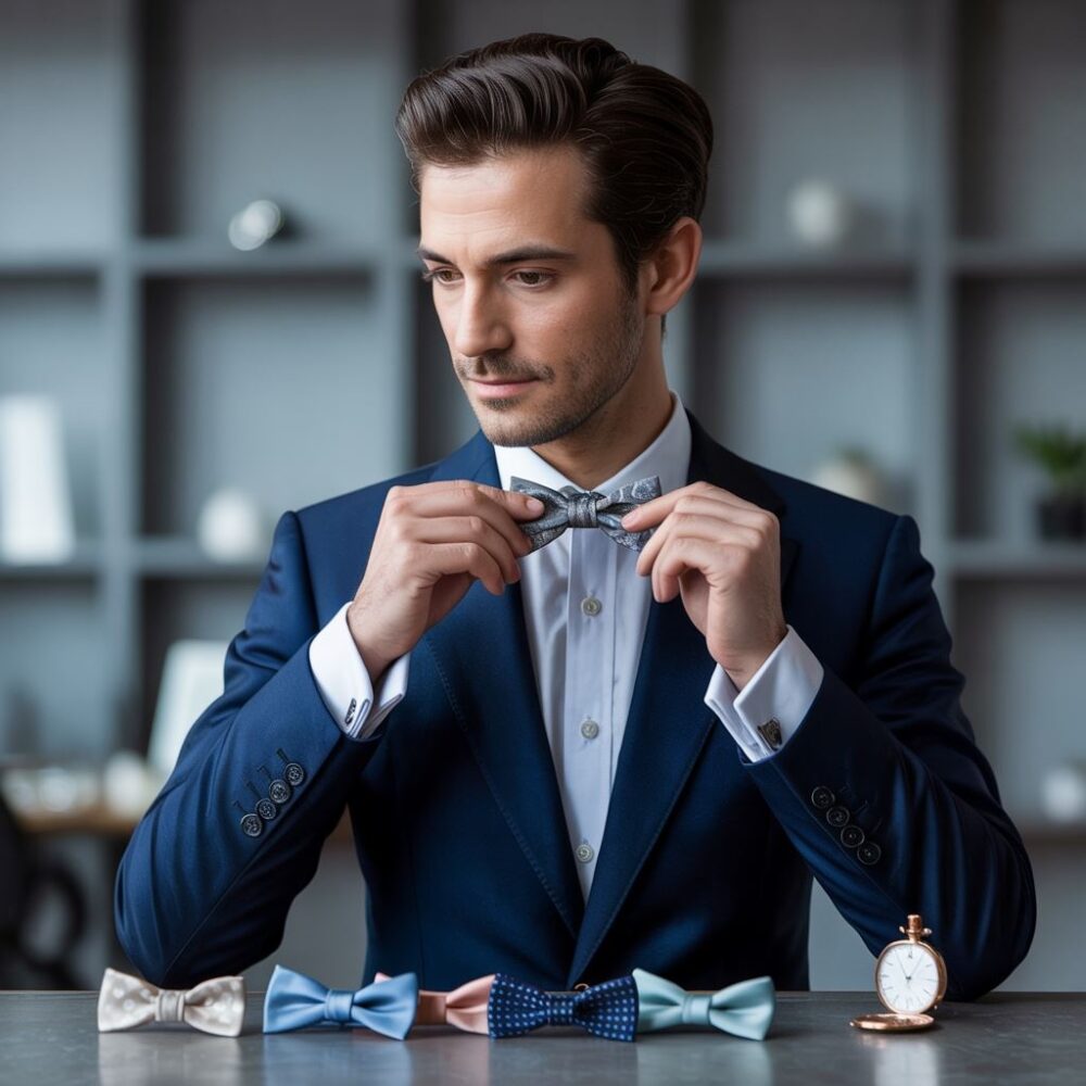 granatowy garnitur z muchą