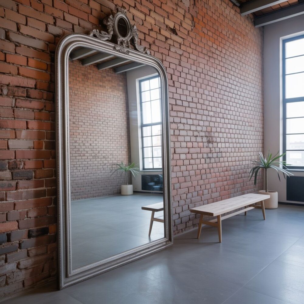 industrialne lustro na ceglanej ścianie