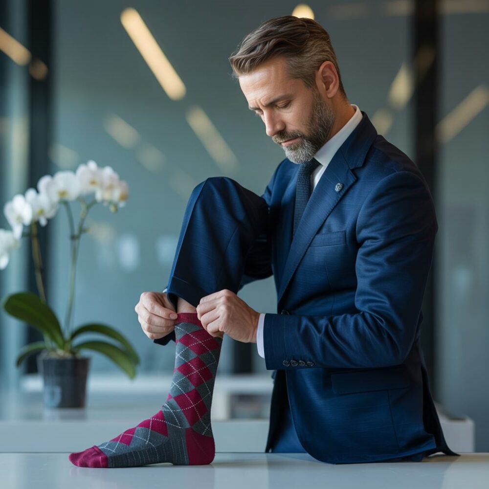 mężczyzna w garniturze i kolorowych skarpetkach