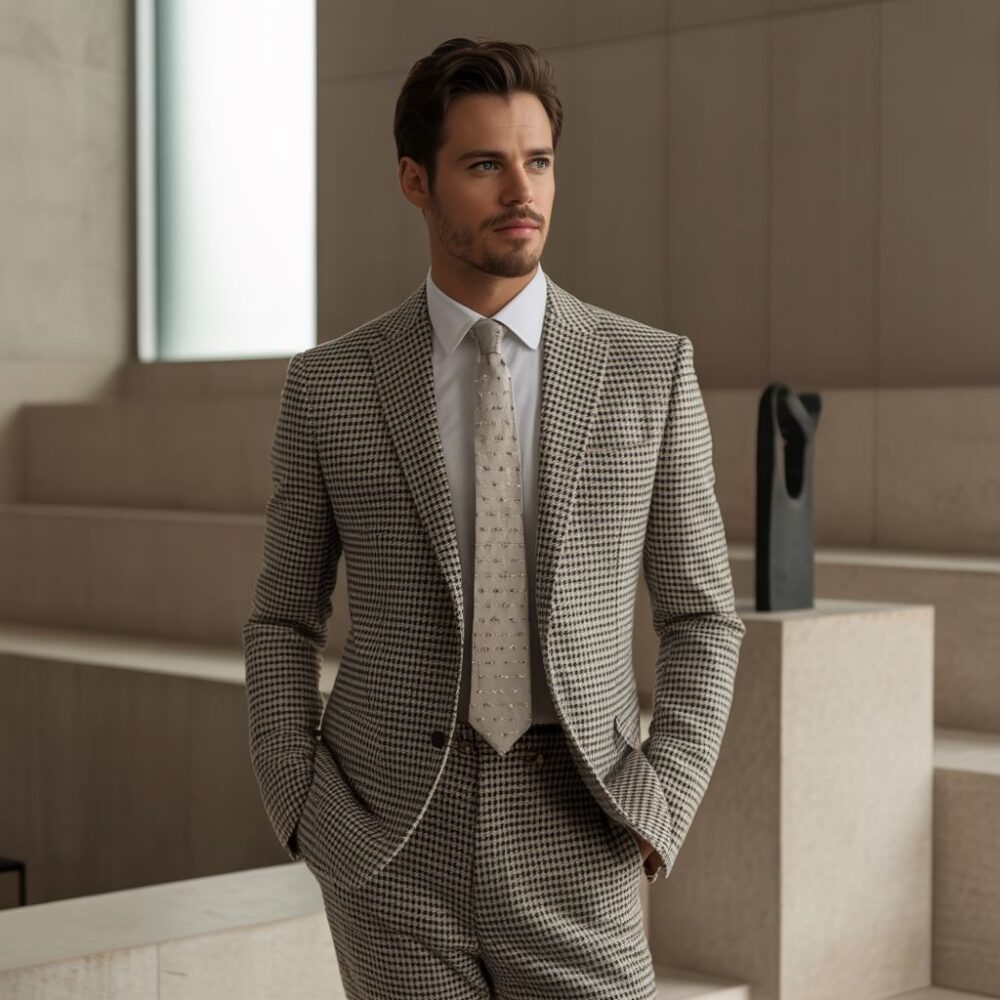 modny garnitur w kratę