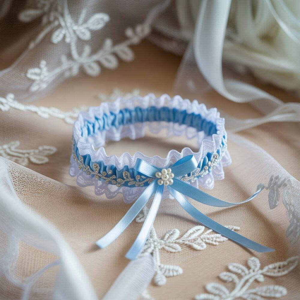 niebieska podwiązka ślubna