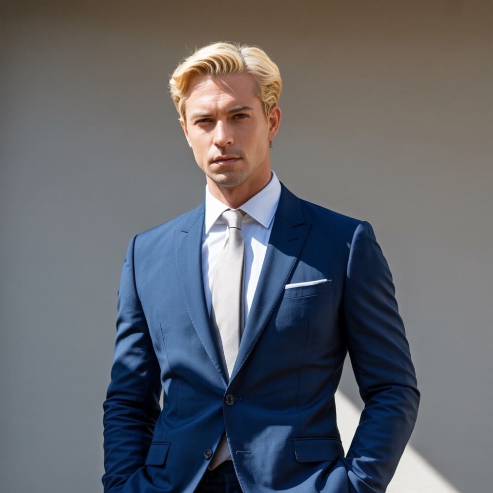 stylizacja blondyna w garniturze