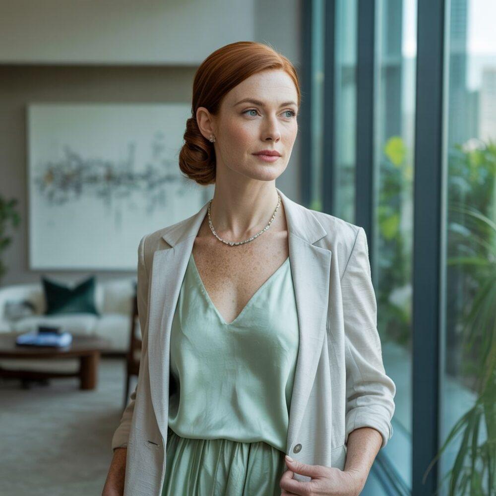 stylizacja z miętową sukienką i żakietem