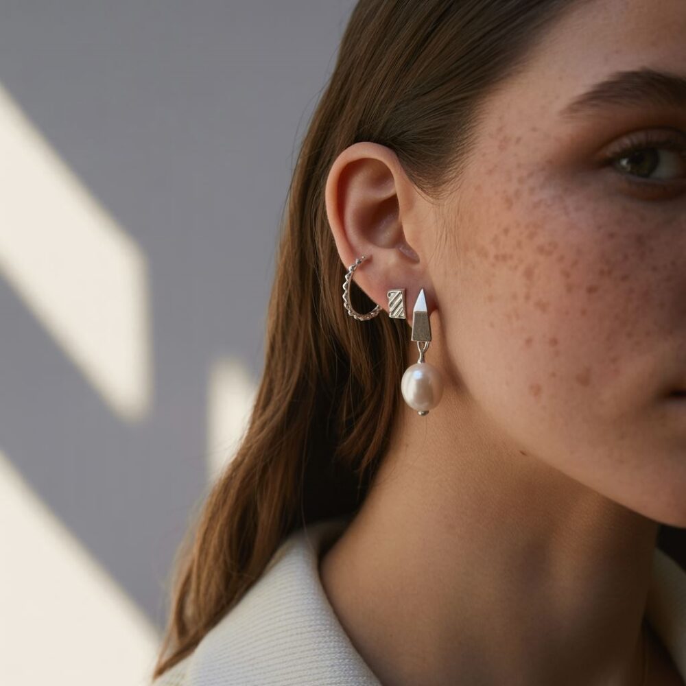 trzy kolczyki w uchu