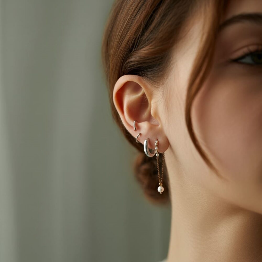 złote i srebrne kolczyki w uchu