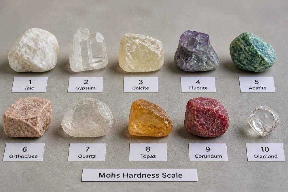 Dziesięć minerałów ułożonych według skali twardości Mohsa, od talku do diamentu